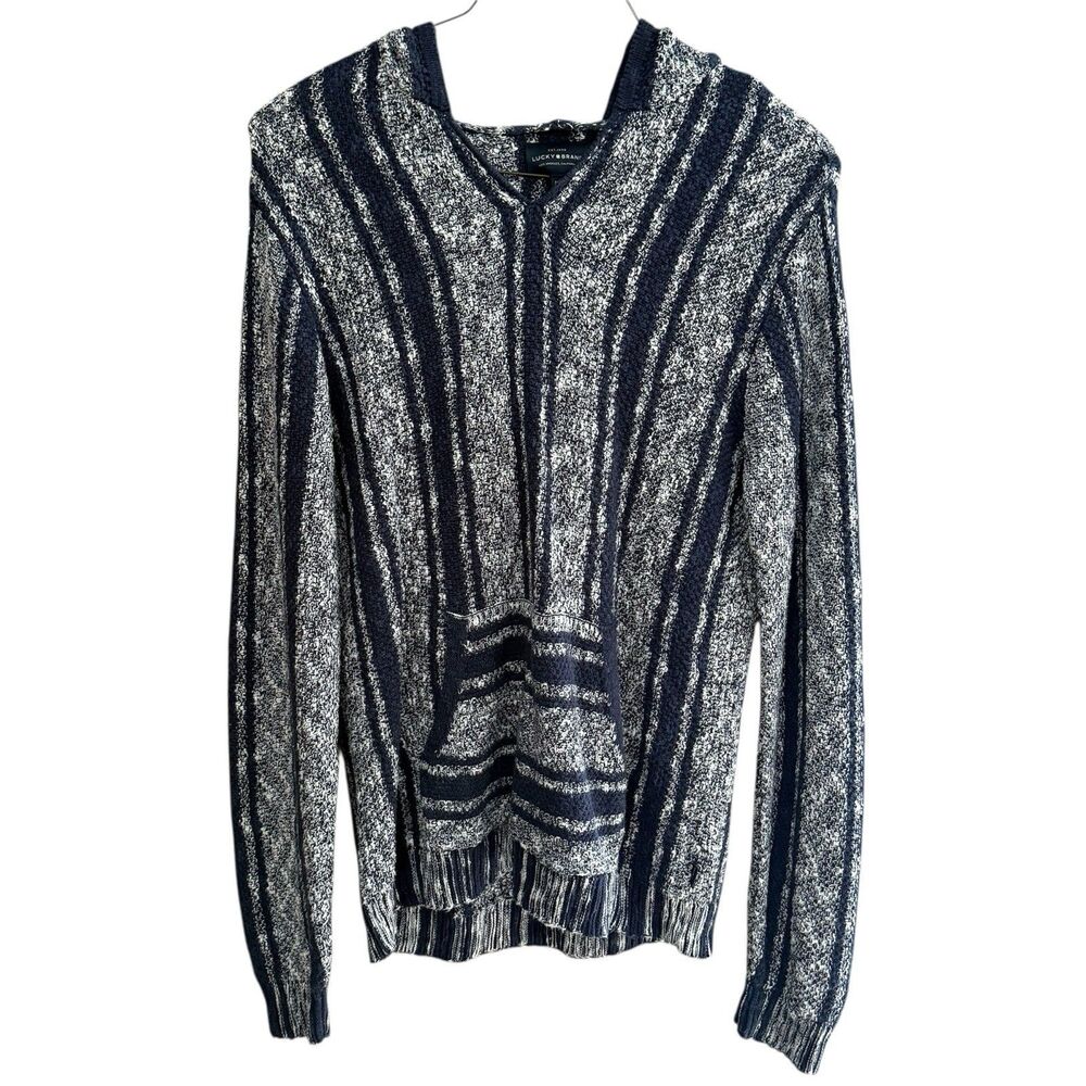 Lucky Brand Pullover Hoodie Sweater Mens Medium Chunky Blue White Baja Beach